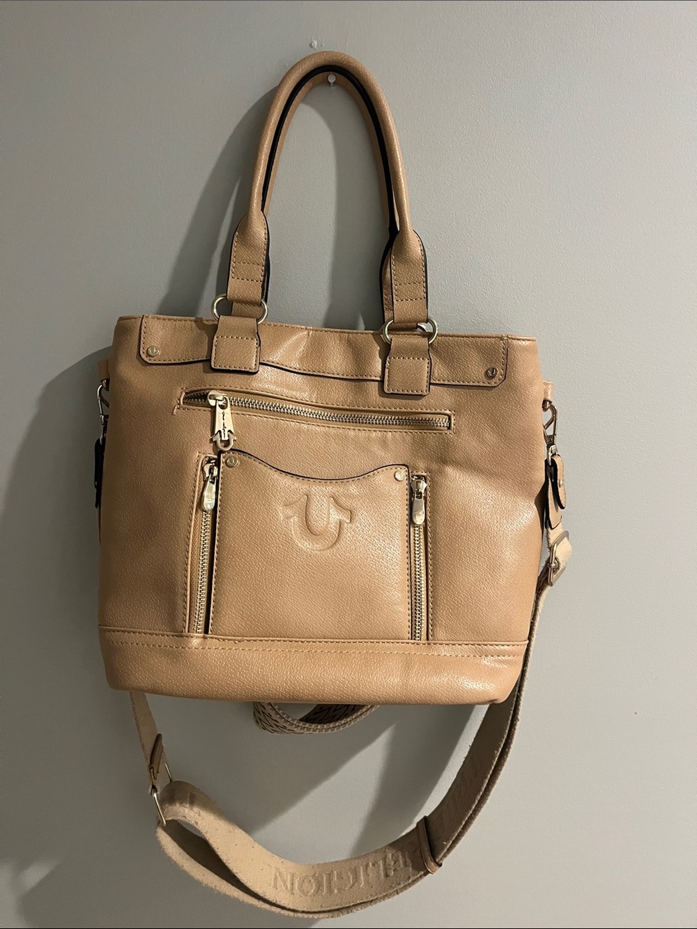 True Religion Tan Crossbody Tote with Adjustable Strap; extra strap included